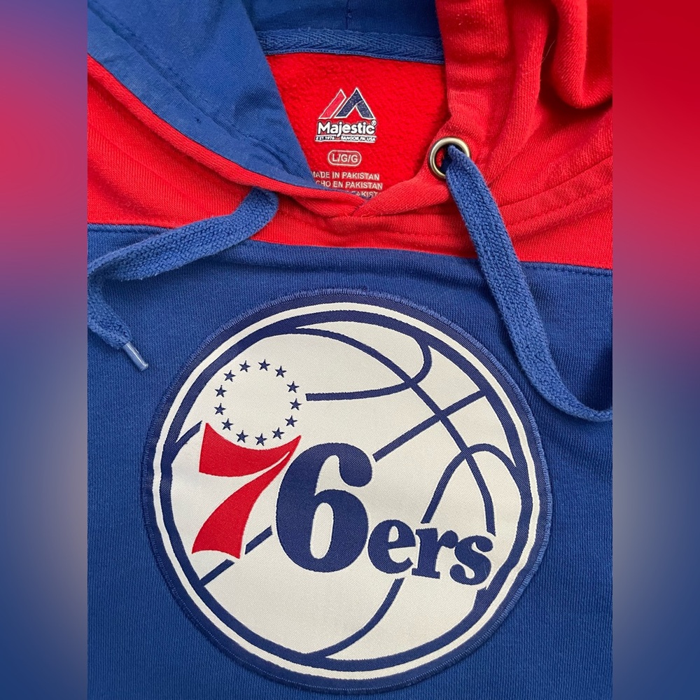 Vintage Majestic Philadelphia 76ers Pullover Hoodie Blue Red - Picture 3 of 4